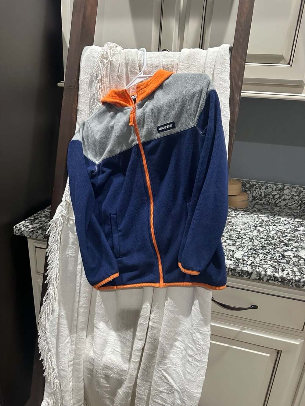 Lands' End Full Zip Fleece Hoodie Size L 10-12 Blue Gray Orange